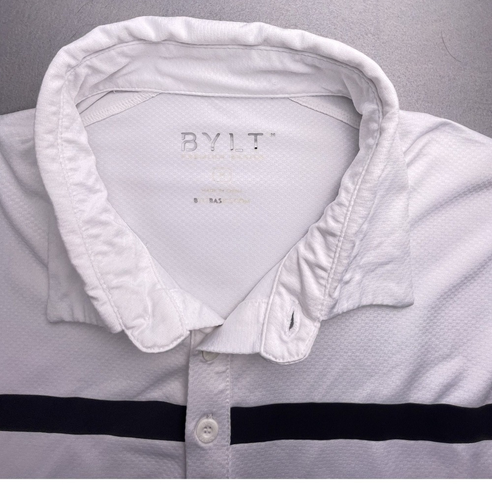 BYLT Polo Shirt Mens Large White Black Stripe Short Sleeve Performance Stretch - Picture 2 of 9